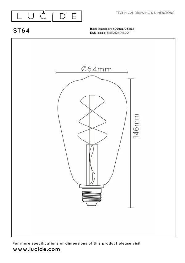 Lucide ST64 - Lámpara de filamento - Ø 6,4 cm - LED Regul. - E27 - 1x5W 2700K - Ámbar - técnico